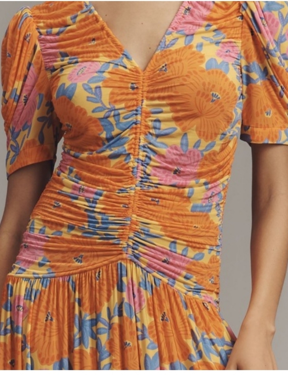 Farm Rio x Anthro Orange Pink Blue Floral Ruched Knit Maxi Dress Womens XL NEW! - Picture 3 of 13